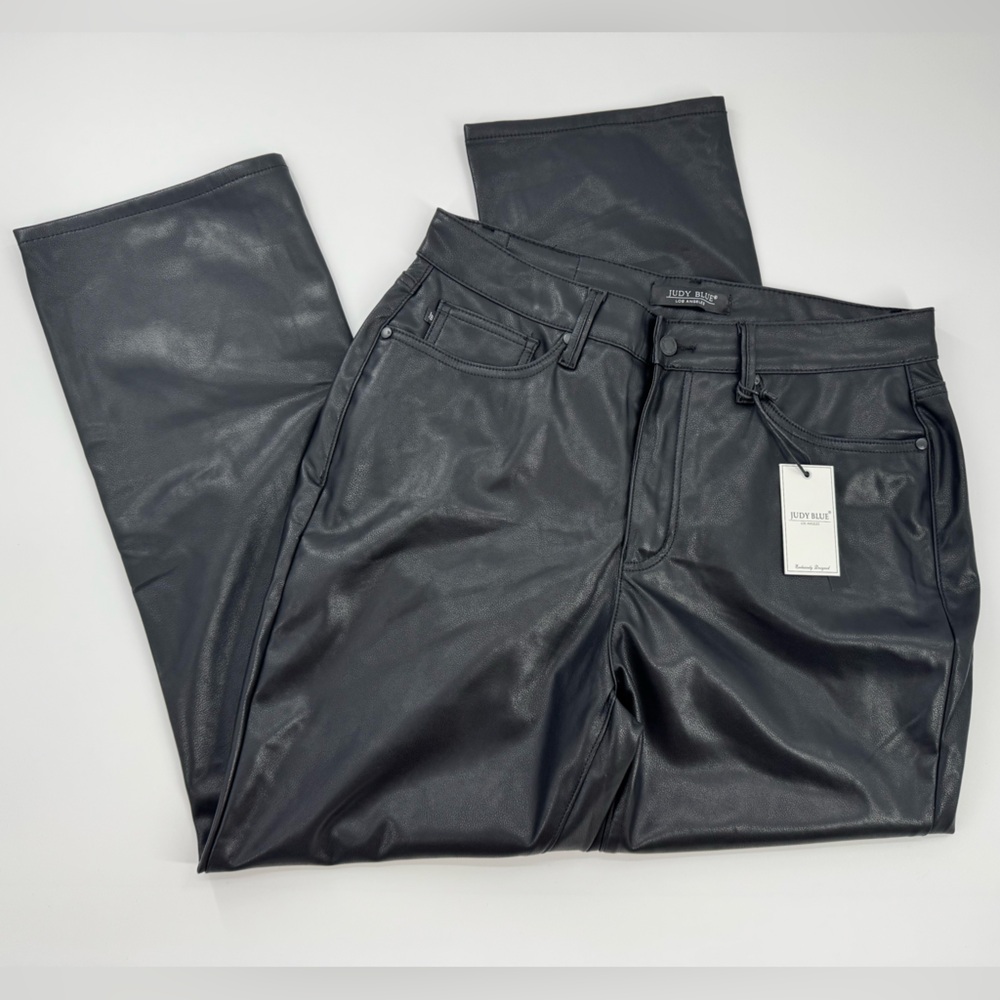 Judy Blue Faux Leather Tummy Control High Rise Straight Pants Black Size 14W NWT